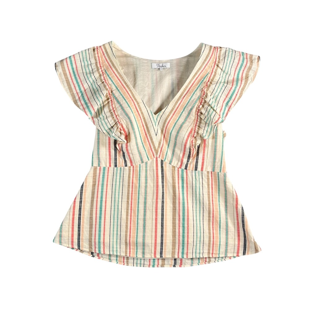 Parker Women's Striped V-Neck Ruffled Top Size Small